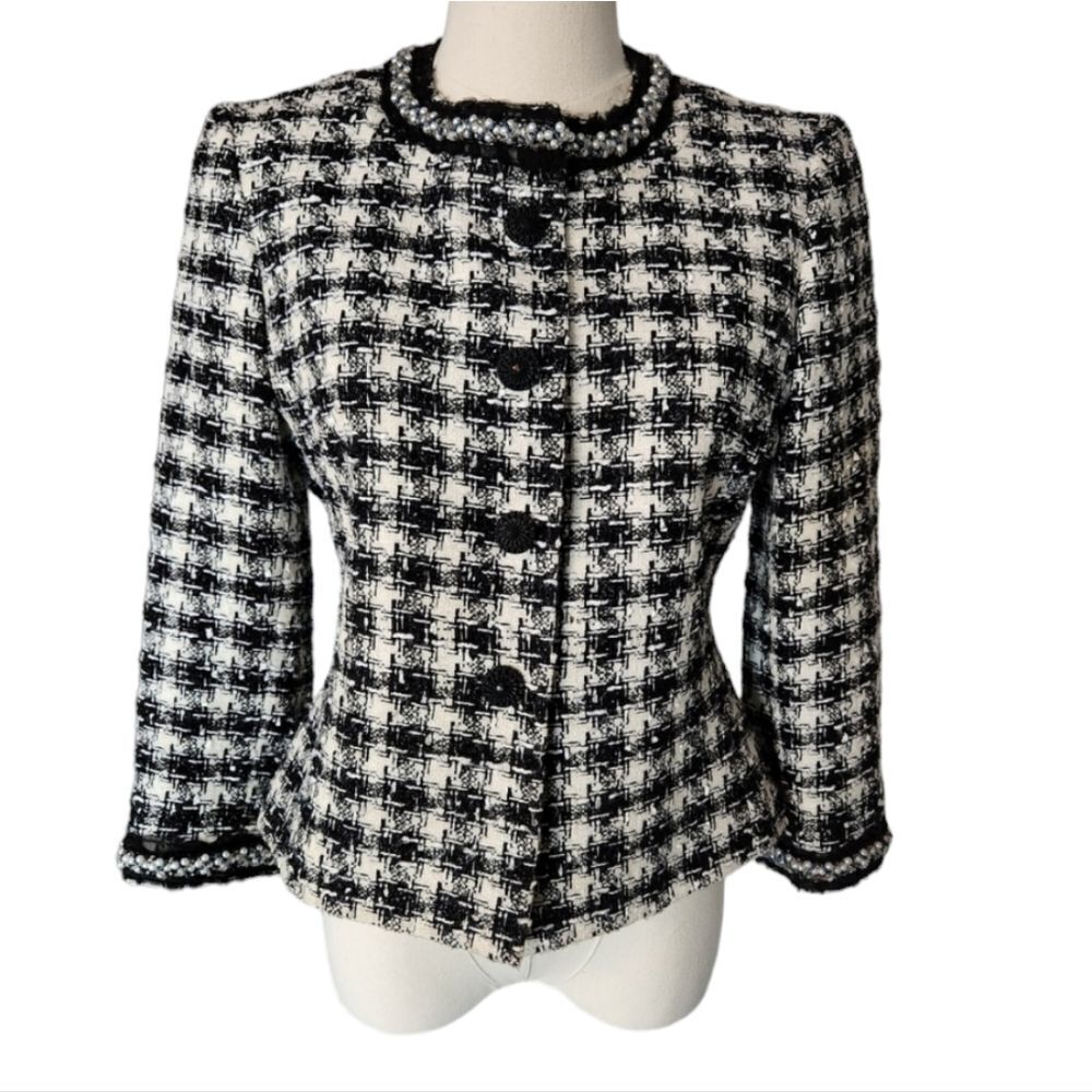 Tahari Tweed Blazer with Pearl Embellishments